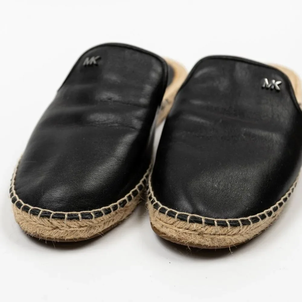 Michael Kors Emilia Espadrille flat black leather sandals size 7